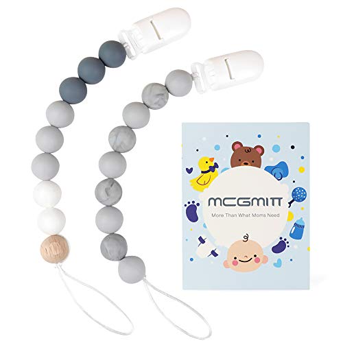 Product Cover MCGMITT Pacifier Clip, Silicone Binky Teether Holder BPA Free Teething Beads for Baby Girls Boys, 2 Pack Shower Gift Set (Grey)