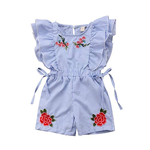 Product Cover Toddler Baby Girls Romper Flower Embroidery One-Piece Stripe Ruffle Floral Bodysuits Jumpsuit Kid Summer Outfit Set