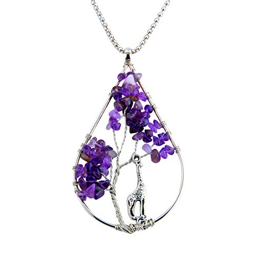 Product Cover Zuo Bao Handmade Wire Wrapped Quartz Chips Tree Teardrop Pendant Necklace with Giraffe/Healing Jewelry Gift for Family (Amethyst with Giraffe)
