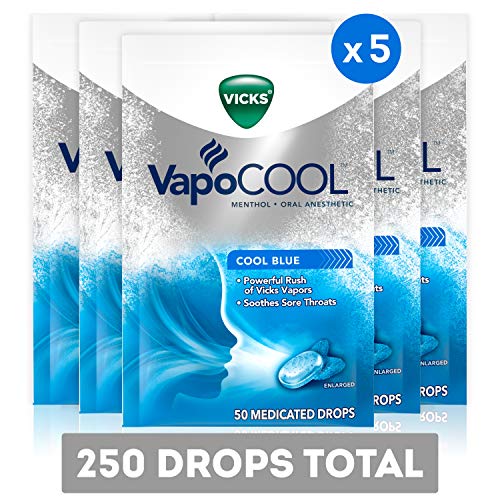 Product Cover Vicks VapoCOOL Medicated Drops, Soothe Sore Throat Pain Caused by Cough, 250 Drops, 5 Packs of 50