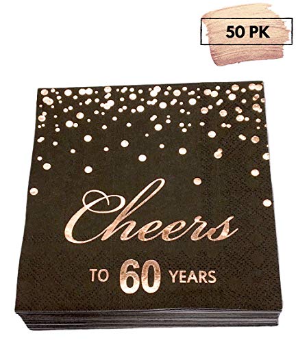 Product Cover Rose Gold Foil Cocktail Napkins with Cheer 60 Years | Folded 5 x 5 Inches Disposable Party Napkins | 3-Ply Paper Beverage Napkins for 60th Birthday Decorations, Wedding Anniversary, Retirement, Black