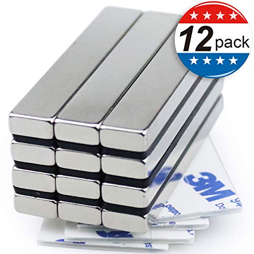 Product Cover Strong Neodymium Bar Magnets with Double-Sided Adhesive, Rare-Earth Metal Neodymium Magnet - 60 x 10 x 5 mm, Pack of 12