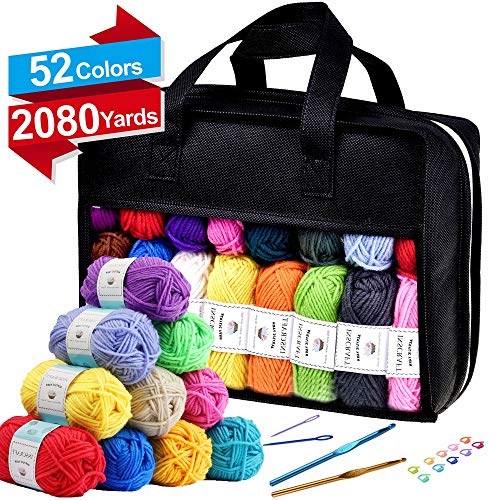 Product Cover 52 Acrylic Yarn Skeins, 2080 Yards Crochet Yarn with Reusable Storage Bag Includes 6 E-Books, 2 Crochet Hooks, 2 Weaving Needles, 10 Locking Stitch Markers for Crochet & Knitting by Inscraft