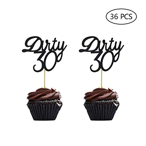Product Cover 36 Pcs Black Glitter Dirty 30 Cake Topper Happy 30th Birthday Anniversary Party Decoration
