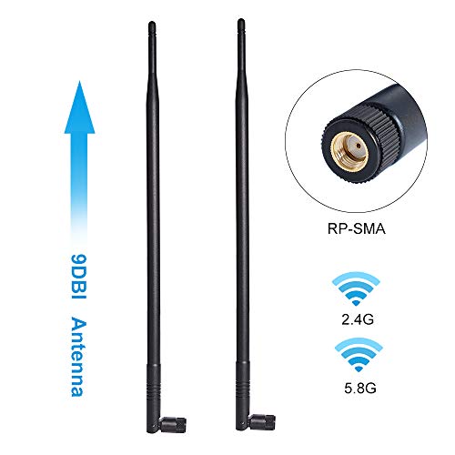 Product Cover 9dBi 2.4GHz 5.8GHz Dual Band WiFi Antenna 2-Pack, Omni-Directional Wireless Antenna with RP-SMA Connector for Wireless Network Router, PCI/PCIe Card, USB Adapter, IP Camera