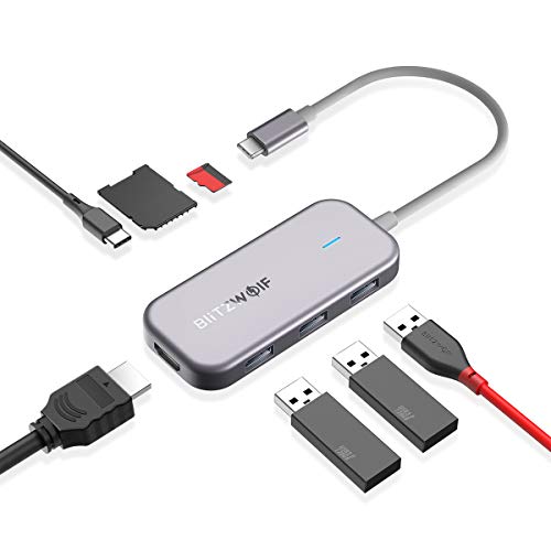 Product Cover USB C Hub, BlitzWolf 7 in 1 USB C Adapter with 4K HDMI, 100W PD Power Delivery, 3 USB 3.0 Ports, SD/TF Card Reader, for MacBook Pro 2019/2018/2017, MacBook Air 2018, ChromeBook, More Type C Devices