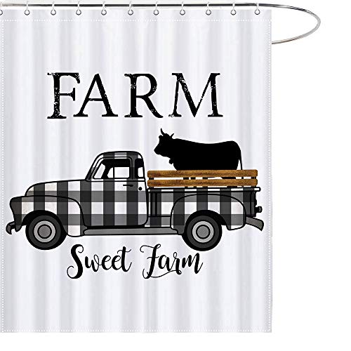Product Cover MAEZAP Farm Sweet Farm Farmhouse Fall Cow Shower Curtain Black and White Check Plaids Truck Bathroom Decor Waterproof Polyester with Hooks 69x70 Inchs