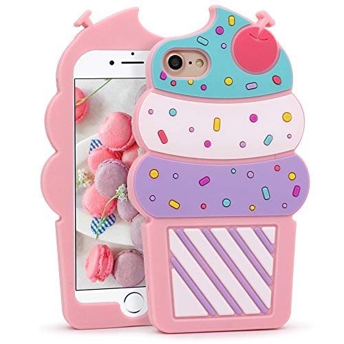 Product Cover Megantree Cute iPhone 7 Case, iPhone 8 Case, 3D Cartoon Ice Cream Cherry Cupcakes Shaped Soft Silicone Rubber Full Protection Shockproof Case Cover for Girls Women Lady