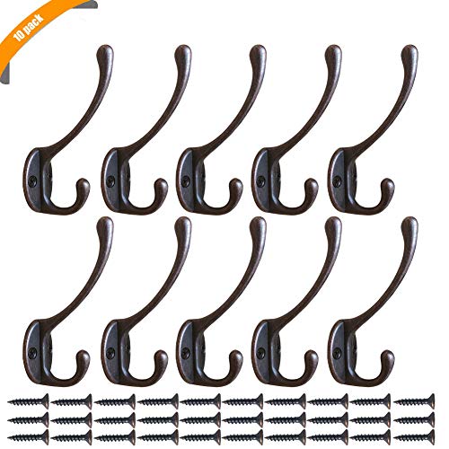 Product Cover Heavy Duty Dual Coat Hooks, KUAHAIHINTERAL 10 Pack Wall Mounted Retro Utility Rustic Hooks Double Coat Hooks Hanger with Screws for Coat, Scarf, Bag, Towel, Key, Cap, Cup, Hat (Black) (Morden Copper)
