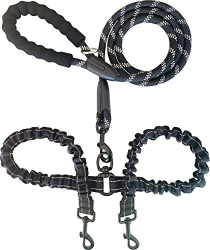 Product Cover iYoShop Dual Dog Leash, Double Dog Leash, 360 Swivel No Tangle Double Dog Walking Training Leash, Comfortable Shock Absorbing Reflective Bungee for Two Dogs, Black, Medium Large