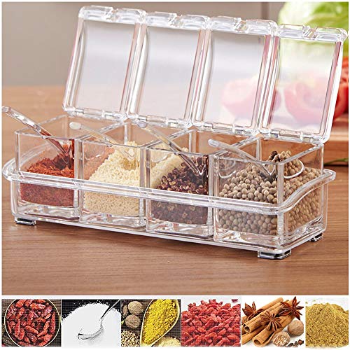 Product Cover WIDEWINGS Seasoning Storage Box Clear Spice Rack 4 Box with Spoons Container Jar for Spice Salt Sugar Cruet, Condiment See Through Storage Containers Cooking Tools