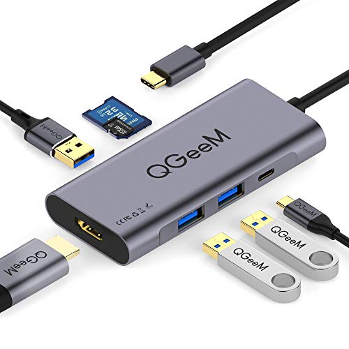 Product Cover USB C Hub HDMI Adapter,QGeeM 7 in 1 Type C Hub to HDMI 4k,3 USB 3.0 Ports,100W Power Delivery,SD/TF Card Readers Compatible with MacBook Pro 13/15(Thunderbolt 3),2018 Mac Air,Chromebook USB C Adapter