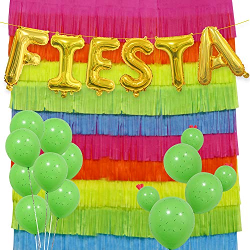 Product Cover Fiesta Party Decorations Set, 16 INCH Fiesta Mylar Letter Balloons Cinco De Mayo Mexican Festival Paper Fringe Garland Photography Background Cactus Latex Balloons for Party Supplies