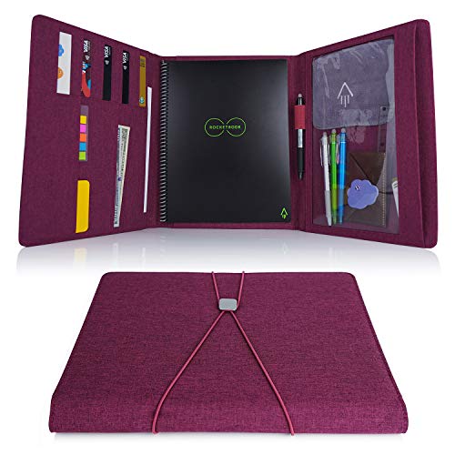 Product Cover Folio Cover for Rocketbook Everlast Fusion - Letter Size, Waterproof Fabric, Multi Organizer with Pen Loop, Zipper Pocket, Business Card Holder, fits A4 size Notebook, 11 x 9 inch, Fuchsia