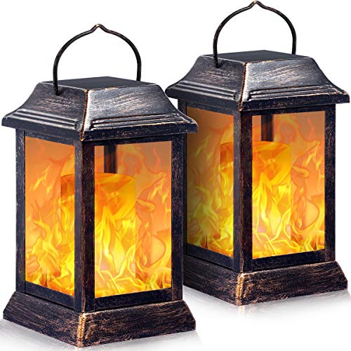 Product Cover TomCare Solar lights Metal Flickering Flame Solar Lantern Outdoor Hanging Lanterns Lighting Heavy Duty Solar Powered Waterproof Umbrella LED Flame Lights for Garden Patio Pathway Deck Yard, 2 Pack