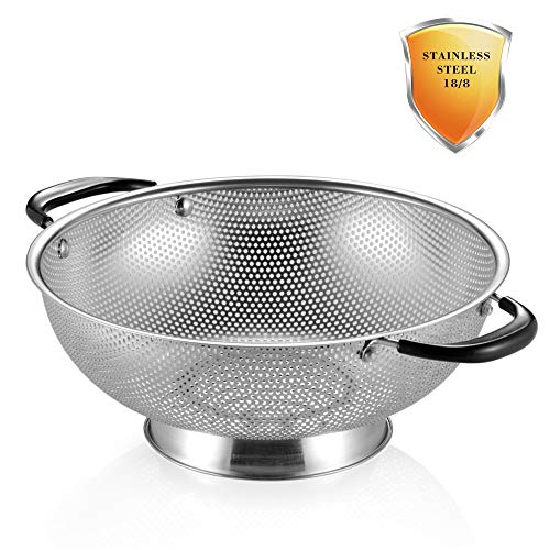 Product Cover 18/8 Stainless Steel Colander, Easy Grip Micro-Perforated 5-Quart Colander, Strainer with Riveted and Heat Resistant Handles, BPA Free, FDA Approved. Great For Pasta, Noodles, Vegetables and Fruits