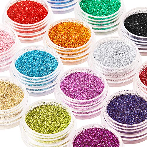 Product Cover 16 Colors Glitter Nail Sequins Powder Cosmetic Festival Chunky Body Manicure Craft Glitter for Nail Hair Face with 6 Small Brushes