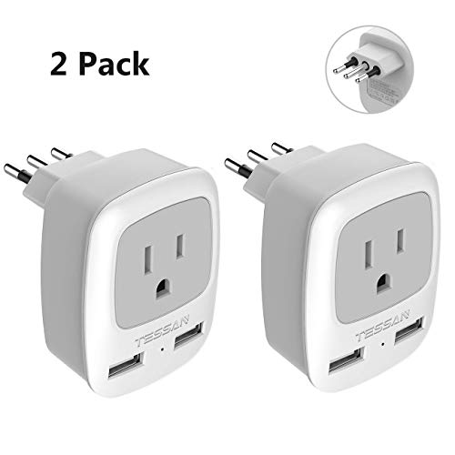 Product Cover Italy Travel Plug Adapter 2 Pack, TESSAN Grounded International Power Outlet Adaptor with 2 USB Ports, Charger for USA to Chile Uruguay Italian (Type L)