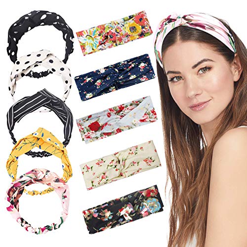 Product Cover 10 Pieces Women Head Band,Girls Headwraps Hair Bands, Boho Headbands for Women,Bohemian Floral Style, Vintage Flower Printed Elastic Head Wrap Twisted Hair Accessories