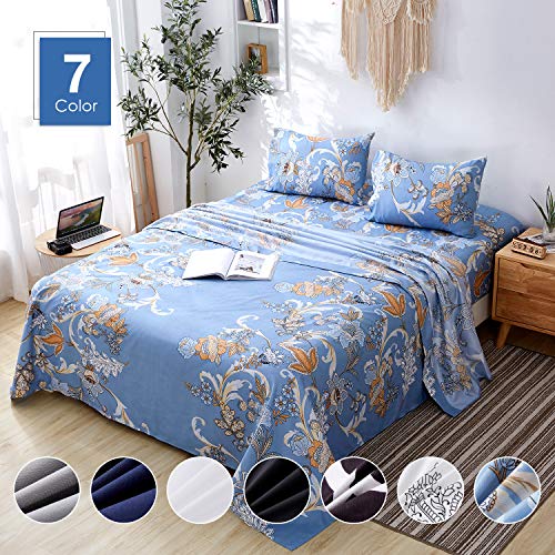 Product Cover Agedate 4 Piece Brushed Microfiber Bed Sheets Set, Deep Pocket Bed Sheets Queen, Hypoallergenic, Easy to Care, Fade, Stain and Wrinkle Resistant, Queen Size, Blue Floral Patterned