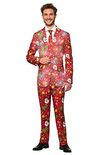 Product Cover Suitmeister Light-Up Christmas Suits for Men - Christmas Red Icons - Ugly Xmas Sweater Costumes Include Jacket Pants & Tie - M