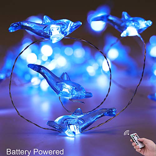 Product Cover Nautical Themed Decor, Dolphin String Twinkle Fairy Lights 13.5 ft Silver Wire 40 LED Battery Operated with Remote Whales for Indoor Festive Wedding Birthday Mirror Home Bedroom Party Decorations