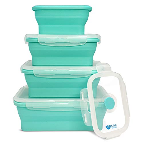 Product Cover Collapsible silicone food storage container set of 4 with lids | Stackable & space saving | Microwaveable | Fridge, freezer & dishwasher safe | BPA free|Colour-coded, clip-on lids | Bento lunch box