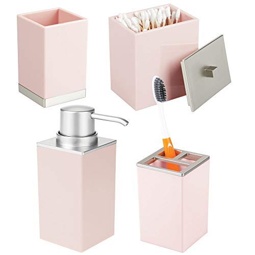 Product Cover mDesign Plastic Bathroom Vanity Countertop Accessory Set - Includes Soap Dispenser Pump, Divided Toothbrush Holder, Tumbler Rinsing Cup, Storage Canister - 4 Pieces - Light Pink/Brushed