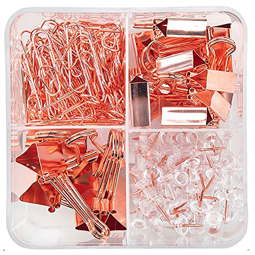Product Cover Binder Clips Paper Clips Push Pins Sets with Box for Office,School and Home Supplies (Rose Gold)