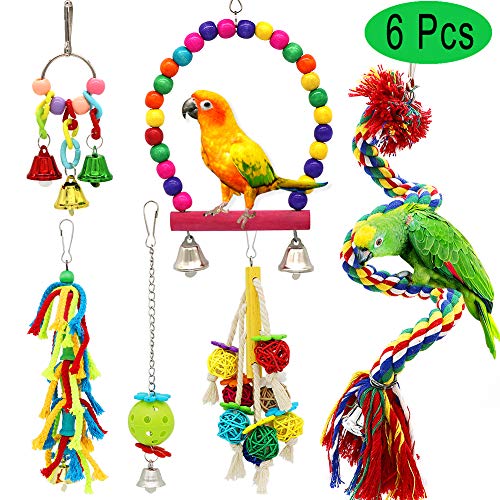Product Cover PETUOL Small Bird Swing Toys, 6 Packs Parrots Chewing Natural Wood and Rope Bungee Bird Toy for Anchovies, Parakeets, Cockatiel, Conure, Mynah, Macow and Other Small Birds