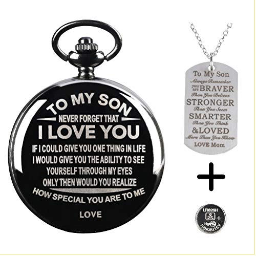 Product Cover Personalized Engraved to My Son Pocket Watch with Chain+Dog Tag from Mom/Dad,Retro Quartz Digital Fob Watches for Men,Birthday Graduation Christmas Anniversary Wedding Gifts (with Extra Battery)