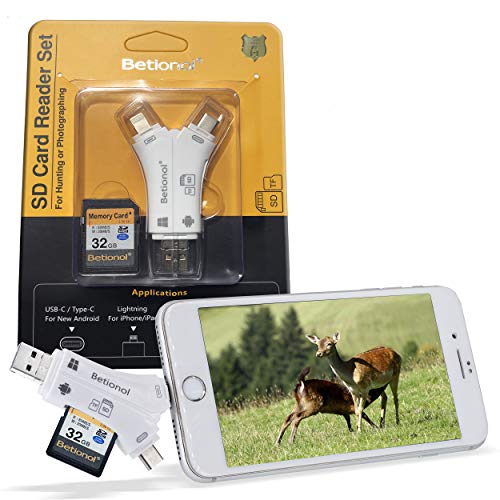 Product Cover Betionol SD Card Reader with 32GB SD Card for Smartphone to View and Manage Pictures/Videos, 4-in-1 Portable Trail Camera Viewer for SDXC/SDHC/SD/MMC/RS-MMC/Micro SDXC/Micro SD/Micro SDHC/UHS-I Cards