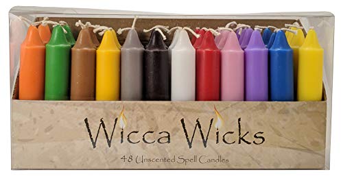 Product Cover Wicca Wicks - Box of 48 Colored Candles | Witchcraft Supplies for Your Personal Wiccan Altar Spells and Rituals | Center Your Being and use as Chakra Candles | Taper Chime Candle Sticks