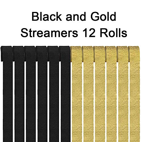 Product Cover Gold and Black Crepe Paper Streamers 12 Rolls 2 Color Black Gold Party Streamer Decorations for Various Birthday Party Wedding Festival Party Decorations