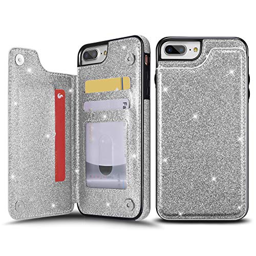 Product Cover UEEBAI Case for iPhone 7 Plus 8 Plus, Premium Glitter PU Leather Case Back Wallet Cover [Two Magnetic Clasp] [Card Slots] Stand Function Durable Shockproof Soft TPU Case for iPhone 8 Plus - Silver