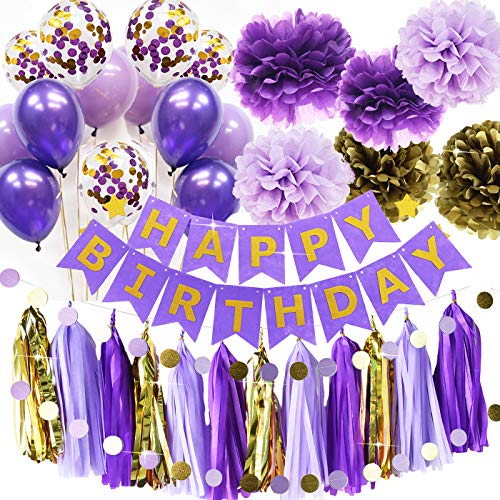 Product Cover Purple Gold Birthday Party Decorations Qian's Party Purple Gold Confetti Balloons Happy Birthday Banner Purple Gold Birthday Party Supplies for Women's 20th/30th/40th/50th Birthday Party Decorations