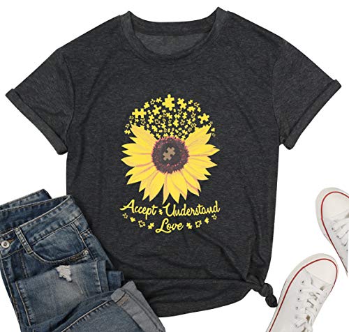 Product Cover Accept Understand Love Sunflower T-Shirt Women Cute Funny Graphic Puzzle Tee Casual Short Sleeve Shirt Tops Size M (Black)