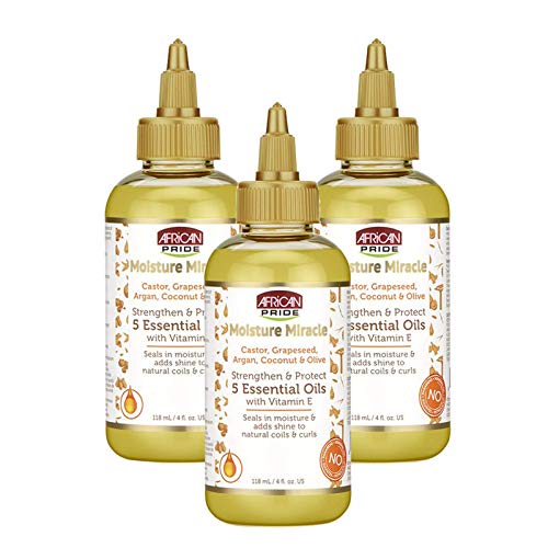 Product Cover African Pride Moisture Miracle 5 Essential Oils (3 Pack) - Contains Castor, Grapeseed, Argan, Coconut & Olive Oil, Seals in Moisture & Adds Shine, Vitamin E, 4 oz