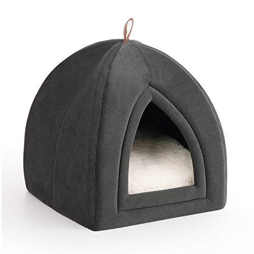 Product Cover Bedsure Pet Tent Cave Bed for Cats/Small Dogs - 15x15x15 inches 2-in-1 Winter Cat Tent/Kitten Bed/Cat Hut with Removable Washable Cushioned Pillow - Microfiber Indoor Outdoor Pet Beds, Dark Grey