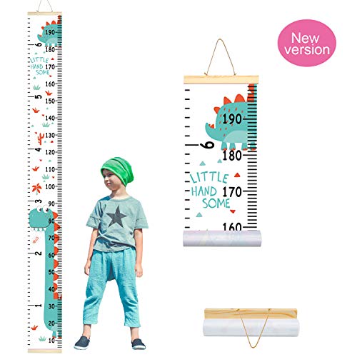 Product Cover PASHOP Kids Animal Dinosaur Growth Chart Baby Roll-up Wood Frame Canvas Fabric Removable Height Growth Chart Wall Art Hanging Ruler Wall Decor for Nursery Bedroom 79 x 7.9 Inch (Dinosaur)