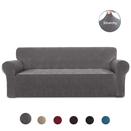 Product Cover PureFit Stretch Sofa Slipcover - Spandex Velvet Non-Slip Soft Couch Sofa Cover, Washable Furniture Protector with Non-Skid Foam and Elastic Bottom for Kids (Sofa, Gray)