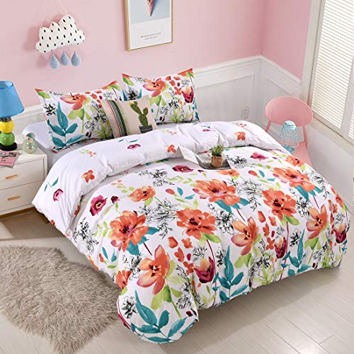 Product Cover YMY Lightweight Microfiber Bedding Duvet Cover Set, Floral Printing Pattern (White, Queen)
