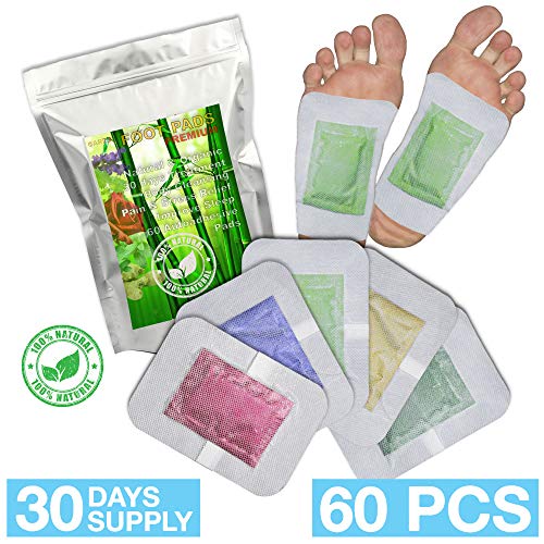 Product Cover Bamboo Vinegar Foot Pads 2in1 Cleanse Foot Pads, 30 Days Treatment, 60 Foot Patches, Relief Stress & Pain, Improve Sleep, All Natural, Auto-Adhesive, Scents: Lavender, Ginger, Rose, Mint, Green Tea