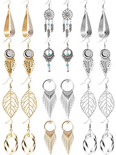Product Cover 12 Pairs Drop Dangle Earrings Golden Silvery Fashion Jewelry Fringed Tassel Character Exaggerated Earrings Set for Women Girls (Style A)