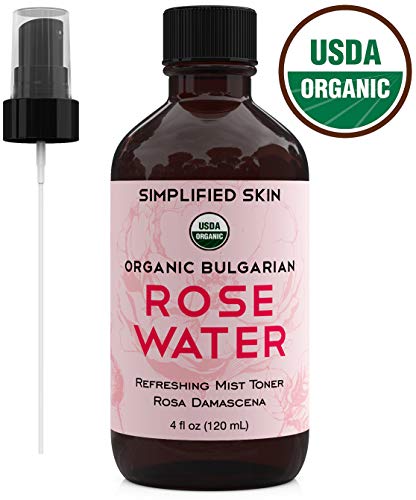 Product Cover Rose Water for Face & Hair, USDA Certified Organic Facial Toner. Alcohol-Free Makeup Setting Hydrating Spray Mist. 100% Natural Anti-Aging Petal Rosewater by Simplified Skin (4 oz)