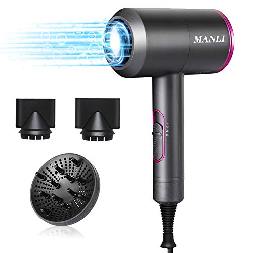 Product Cover Hair Dryer, MANLI Professional Salon 1800W Negative Ionic Hair Blow Dryer Fast Drying with 3 Heat Settings, 2 Speed & One Cool Settings, AC Motor with Diffuser, 2 Concentrator Nozzles