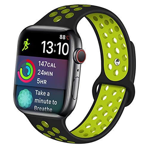 Product Cover Idon Compatible for Apple Watch Band 42MM 44MM, Soft Breathable Silicone Sport Band Replacement Wristband Compatible for Apple Watch Series 5/4/3/2/1 Nike+, 42MM/44MM M/L (Black/Volt)
