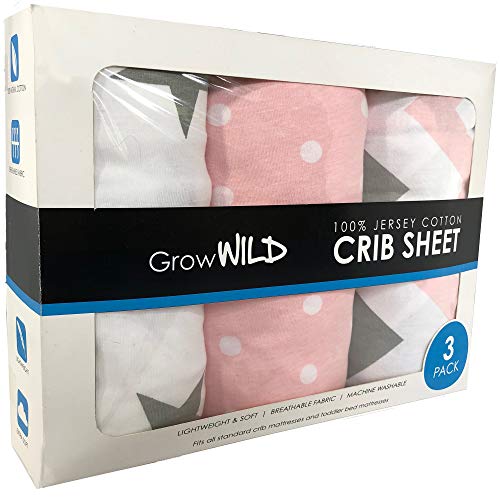 Product Cover Grow Wild Crib Sheet 3 Pack | 100% Cotton, Jersey Soft | Pink Grey White Set for Baby Girls Boys Bed Mattress | Baby Shower Registry Gift