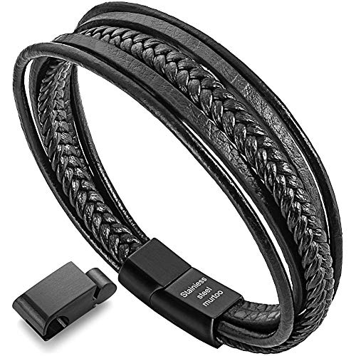 Product Cover murtoo Womens Bracelets Braided Leather, Multilayer Genuine Leather Bracelet for Women (Black 7.7
