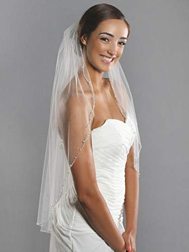 Product Cover Barogirl Wedding Veil White with Rhinestones 1 Tier Beaded Edge Bridal Veil Fingertip Length with Comb for Brides (White)